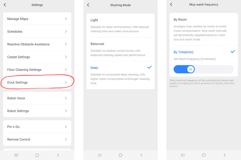Различные настройки очистки салфетки на станции Roborock S8 Pro Ultra.
